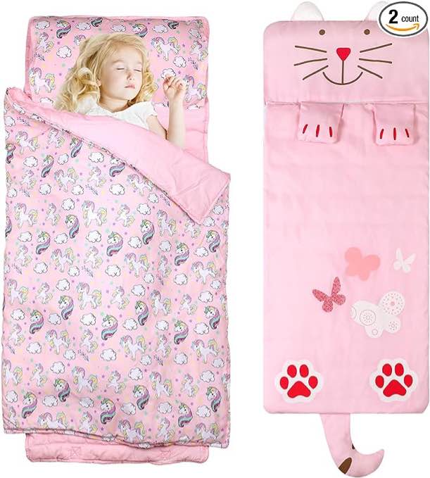 Newwiee 2 Packs Toddler Nap Mat for Girls, Kids Nap Mat for Preschool, Daycare with Removable Pillow and Soft Cotton Blanket, Lightweight, Soft, Pink with Lovely Unicorn and Cat