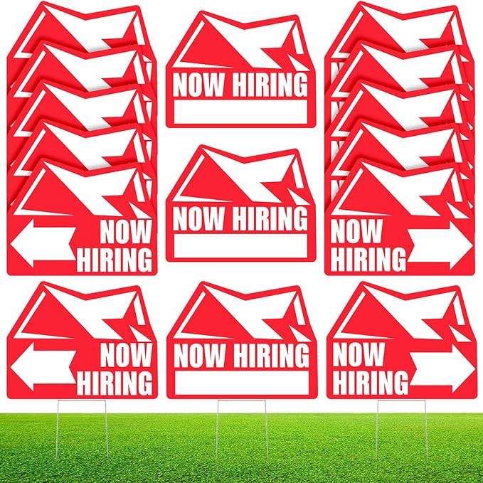Geelin 15 Pcs 18 x 14 Inch Now Hiring Signs Help Wanted Signs for Business and Stores Double Sided Now Hiring Outdoor Yard Signs with Metal Ground Stakes for Business