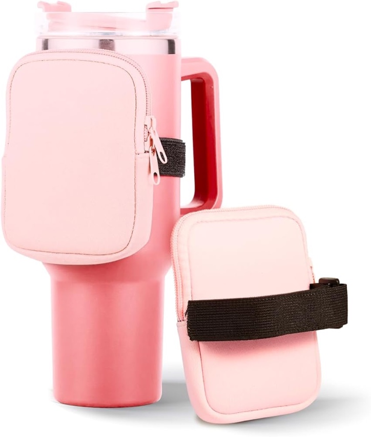 Water Bottle Pouch, Stanley Cup Accessories Compatible with Quencher Adventure 40 oz & IceFlow 20 oz 30 oz, Tumbler Bag with Dual Zipper for Phone Cards Keys Cash (Pink)