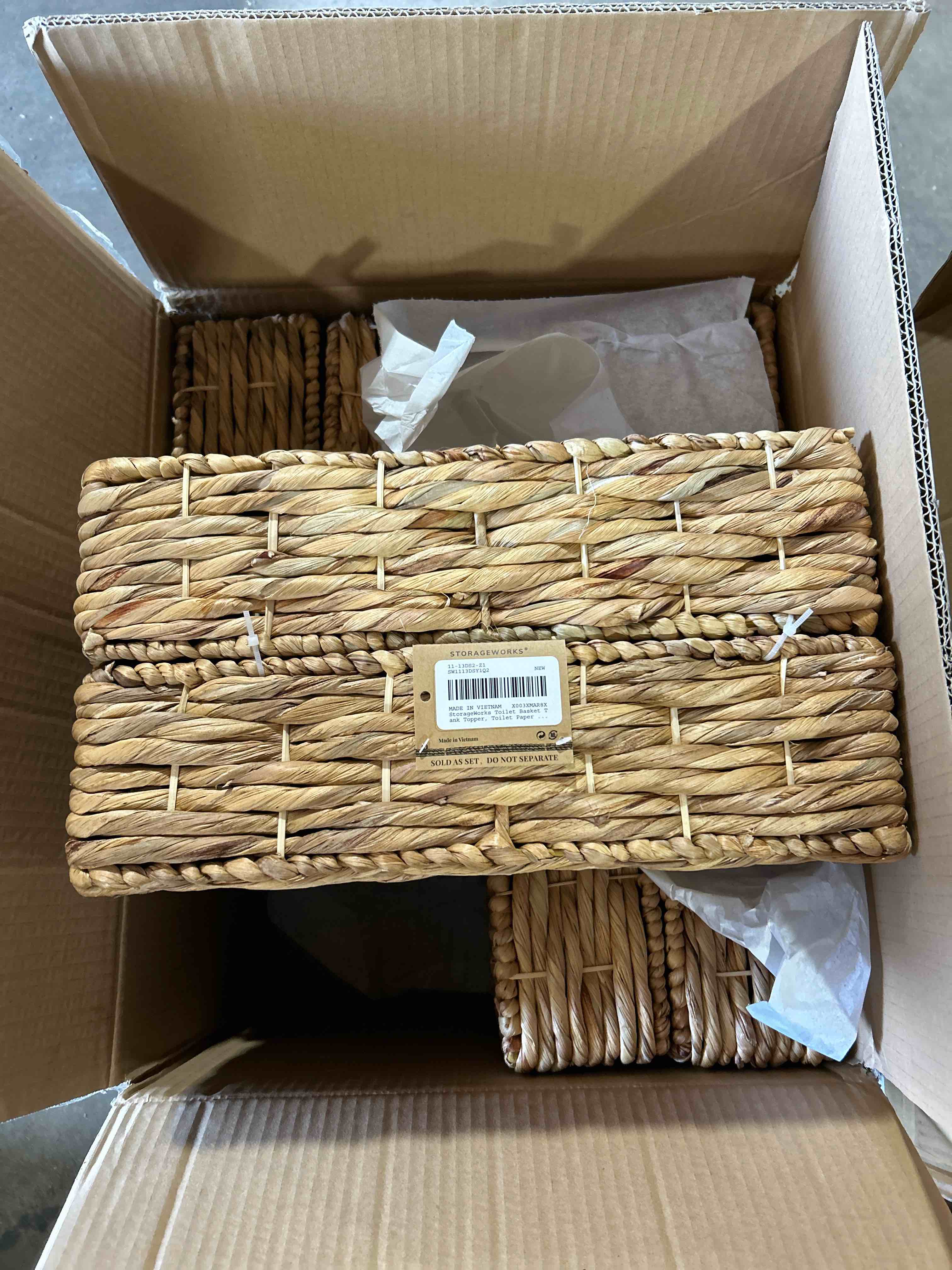 Condition photo showing Brand New for storage works set of two toilet paper basket, tank topper
