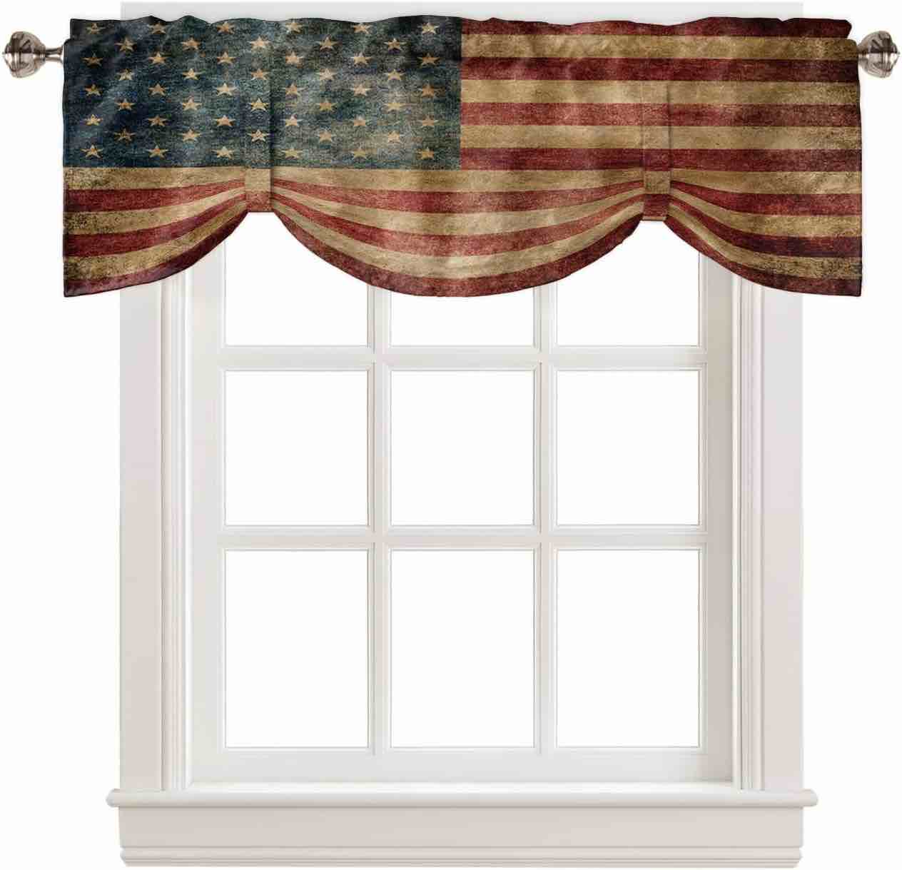 Vintage American Flag Tie Up Valance Curtain Patriotic Independence Day Retro American Flag Rod Pocket Window Curtain Washable Window Treatment for Kitchen Living Room Bedroom Home Decor 60x18in