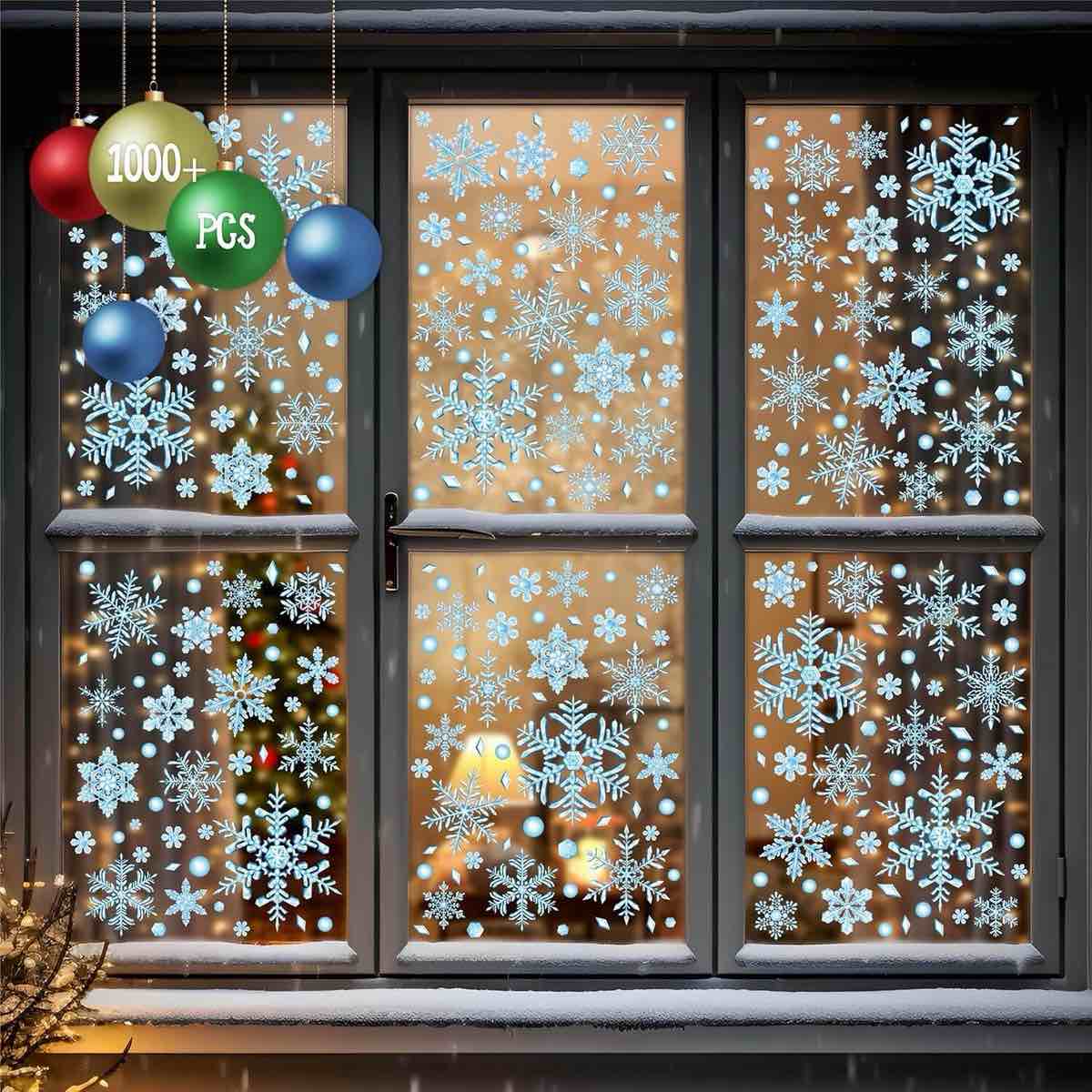 276PCS Glitter Snowflake Window Clings, 35+ Designs Double Sided Static Stickers Window Decoration Christmas Ornaments Reusable Winter Party Supplies New Year Decals for Winter Holiday (8 Sheets