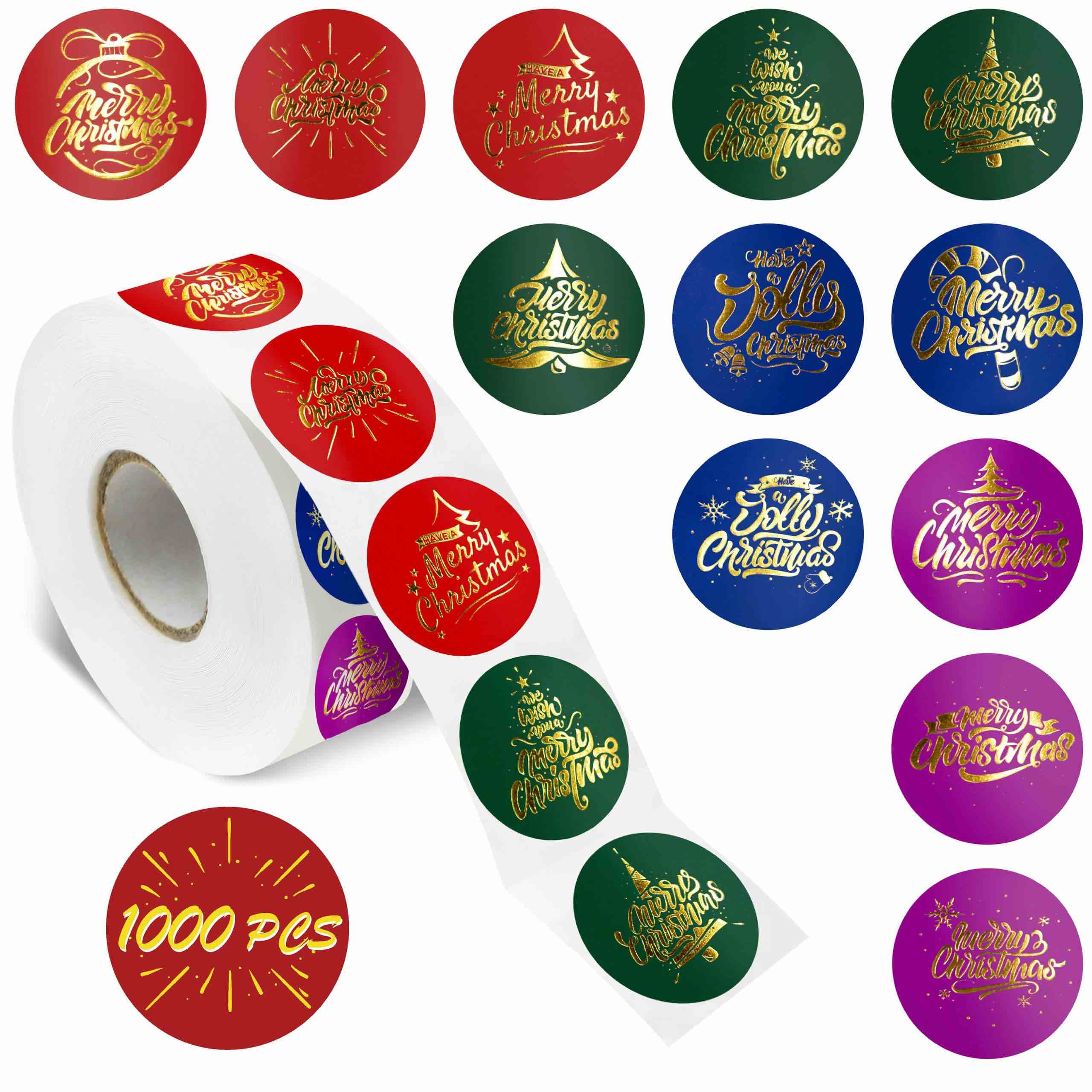 1000 PCS Christmas Stickers, 12 Gold Foil Stamping Designs Labels Elegant Winter Holiday Decor for Xmas Display Envelope Seal Christmas Party Supplies Reward Gifts with Perforation line (1” Each)