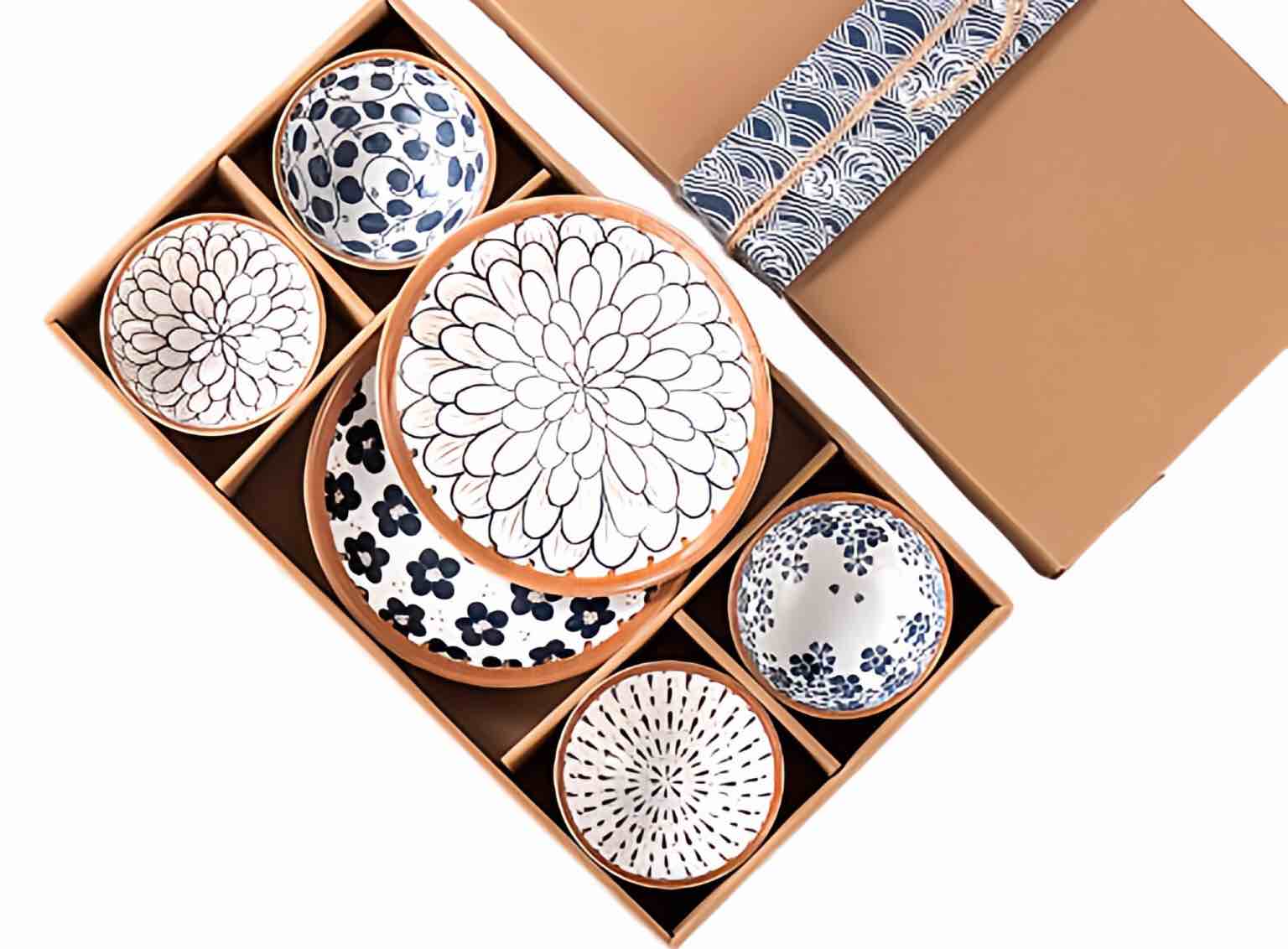 4 Piece Japanese Style Ceramic Bowl Dish Set, 8 Inch 2 wide plates, 4.5 Inch 4 Rice Bowls, Suitable for Microwave, Ovens, Dishwashers (set of 6)