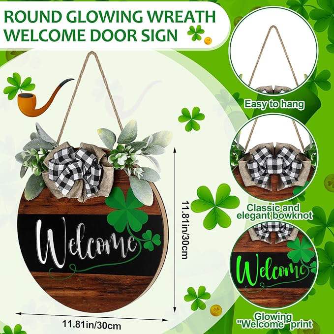 *hook is broken*Shellwei 5 Pcs St Patrick's Day Front Door Decoration, Four Leaf Clover Wooden Ornament, Wooden Large Porch Sign, Round Lighted Welcome Wreath Sign for Porch Window Wall Farmhouse Irish Day Decoration