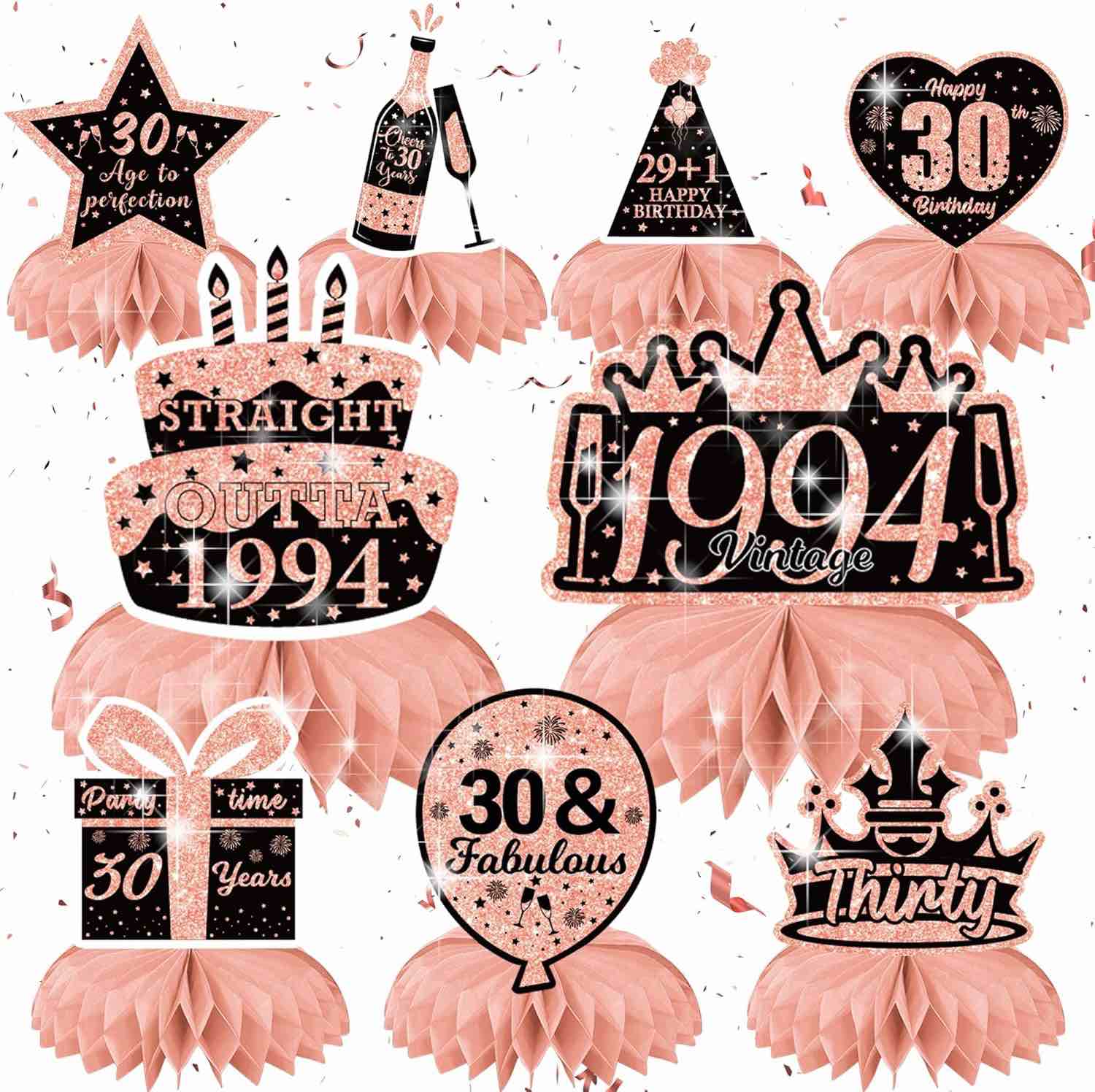 30th Birthday Party Decorations Women - 9 Pieces Rose Gold Happy 30th Birthday Honeycomb Tables Centerpieces Vintage 1994 Cheers To 30 Years Old Theme Party Supplies Table Toppers Sets