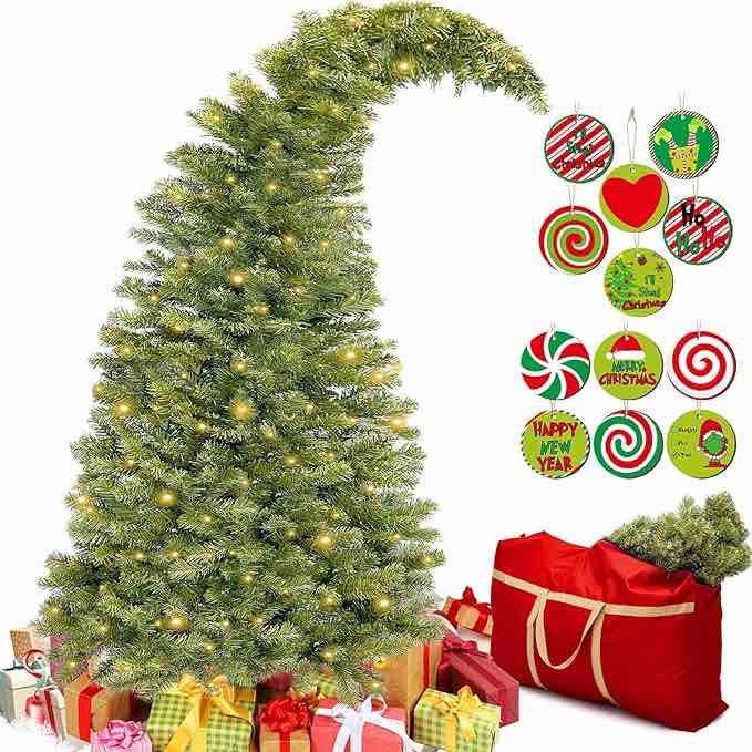 Syhood Bendable Christmas Tree Whimsical Christmas Tree Grin Has Christmas Tree Pre-Lit Lime Green Christmas Tree Stole Christmas Tree Bent Top Xmas Tree with Ornament Storage Bag (Dark Green, 9ft)