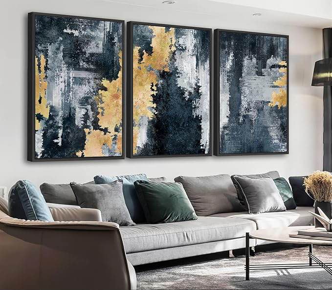 Large Framed Canvas Wall Art - Retro Grey Graffiti Pictures for Living Room Rustic Abstract Wall Decor Vintage Prints for Bedroom Dinning Room Black Float Framed 16" X 24" X 3 pcs