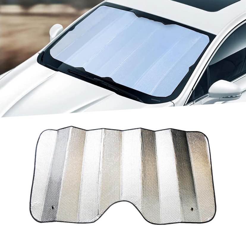 1 PC Car Windshield 55.1 x 27.5 Sunshade, Double-Sided Foldable Heat Shield with Mounting Suction Cup, Sun Protection and Cooling Bubble Cotton Front Glass Shield, Universal for Car (Silver)