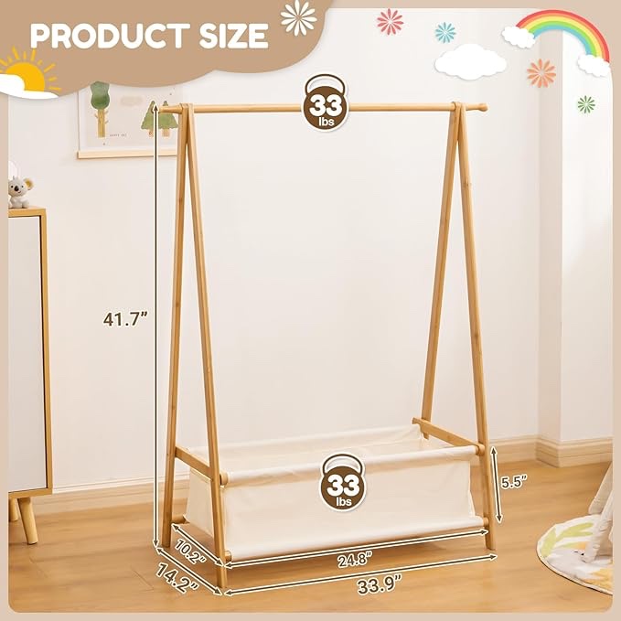 Bamboo Kids Dress Up Rack Foldable Kids Clothing Rack with Farbic Storage Small Open Wardorbe Closet for Play Room, Nursery, Baby Shower