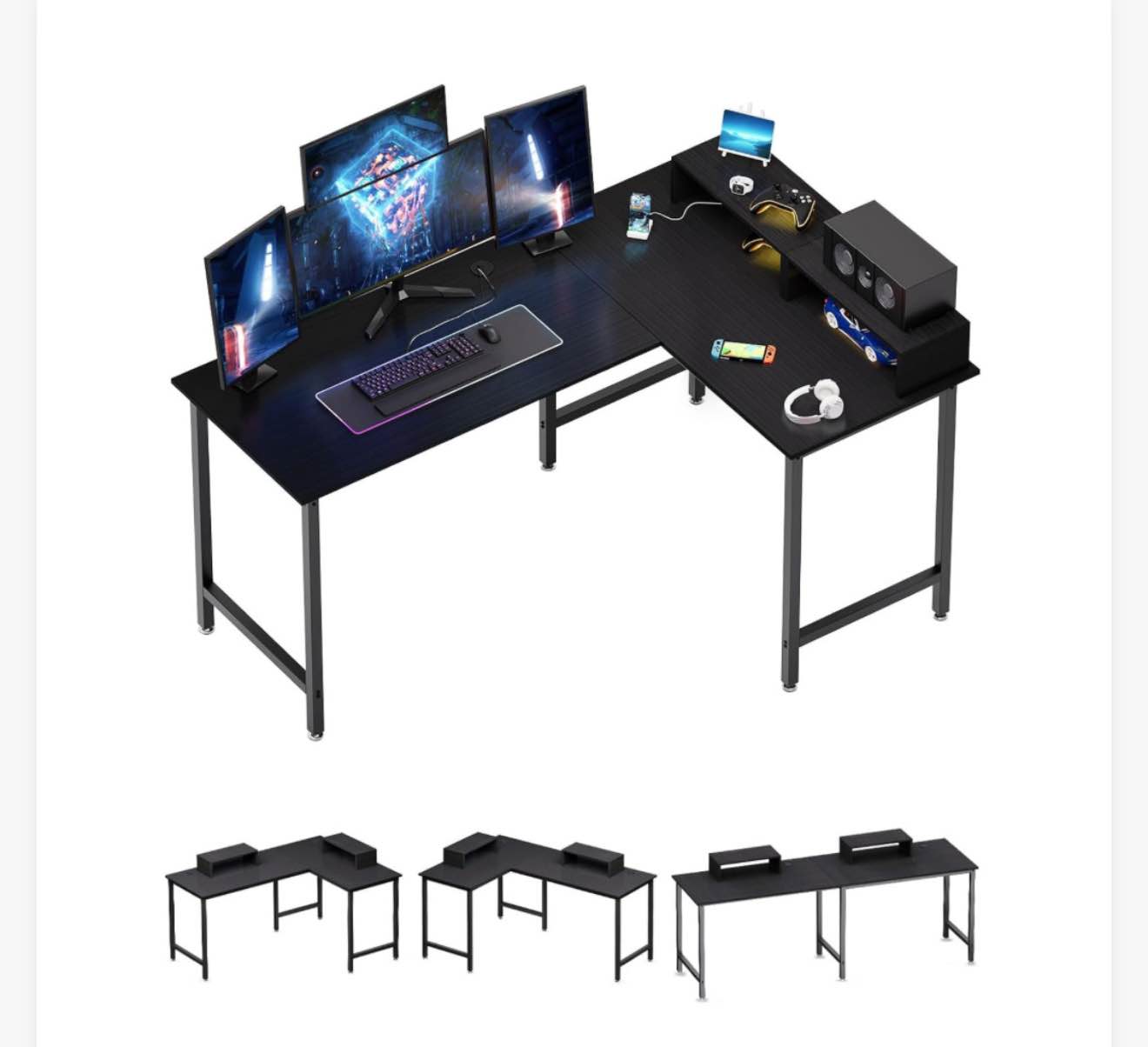 MINOSYS L Shaped Desk, 58" Computer Desk with Storage, Gaming Desk with Monitor Stand Shelf, Reversible Corner Desk, Home Office Modern Simple Wooden Desk, 47-inch Computer Desk with Storage Shelf - Your Ideal Black Gaming Desk for Bedrooms, Small Spaces, and Home Offices black 