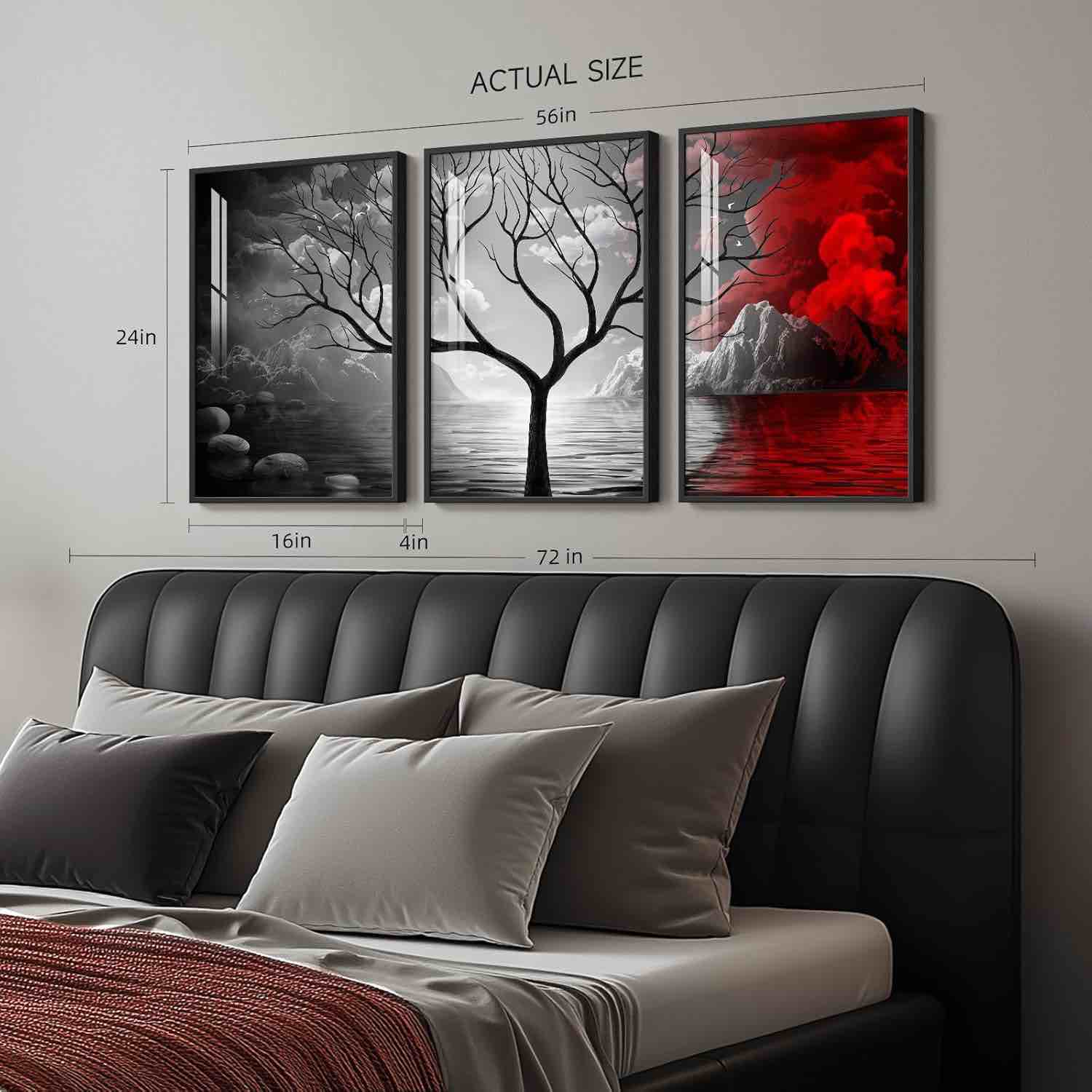 Dark Academia Wall Art, Black and White Wall Art, Red Cloud Tree Mountain Abstract Landscape Wall Art for Living Room, Contemporary Artwork Painting for Room Wall Art Aesthetic Home Office Wall Art Decor- Set of 3 24" H x 48" W Red
