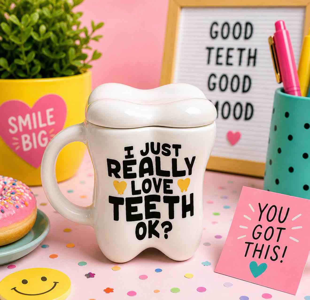 Novelty Dentist Tooth Mug & Toothbrush Holder, Included, Lid & Spoon Shaped Like an Oral Mirror, Funny Unique Design, Great Gift for Dentist, Dental Assistant, Orthodontist Etc. Women & Men
