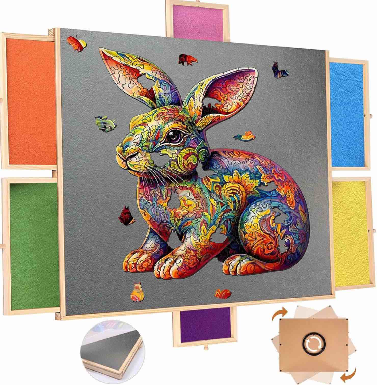 QUNPON 1500 Piece Rotating Puzzle Table with 6 Drawers & Cover,37 X 29 Jigsaw Puzzle Board Portable Wooden Puzzle Tables Gifts for Women Men Kids