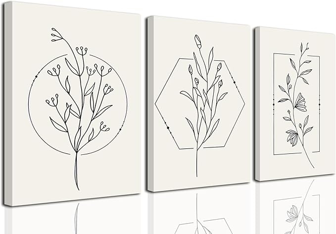 TBKHUDBI Neutral Botanical Canvas Wall Art Minimalist Beige Flower Poster Prints Set of 3 Boho Plant Painting Pictures Decor Abstract Line Leaf Artwork for Bathroom Bedroom Living Room 12"x16" 