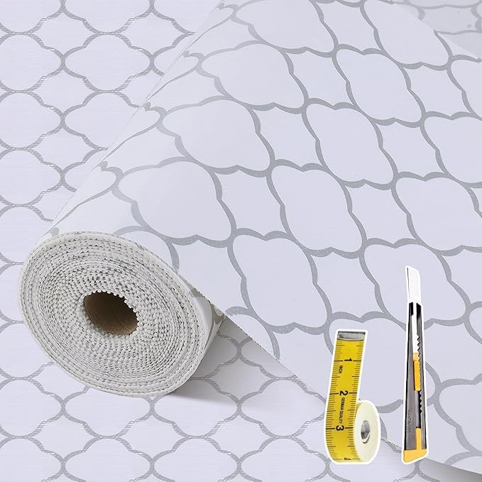 *similar to stock photo*Shelf Liners for Kitchen Cabinets 23.6in x 30FT Non Adhesive Drawer Liner Silver Quatrefoil Shelf Liner Paper Strong Non-Slip Easy to Clean for Tool Box Refrigerator with Knife and Tape Measure