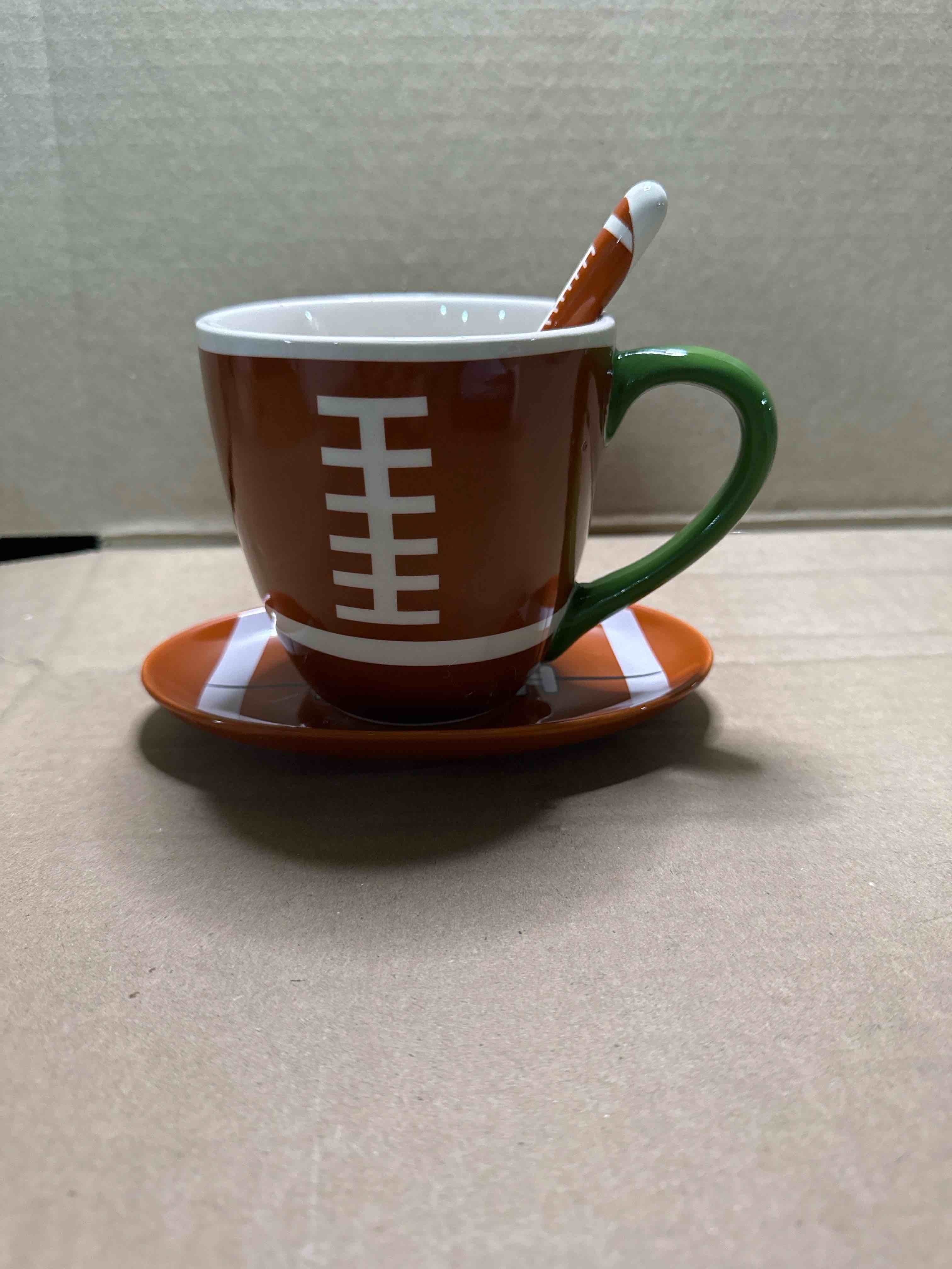 Condition photo showing New/Like New for football mug coffee novelty ceramic mug & cute football themed spoon & coaster tray dish, great football sports gifts idea, for men, women, great for holidays, birthdays, fathers day etc.