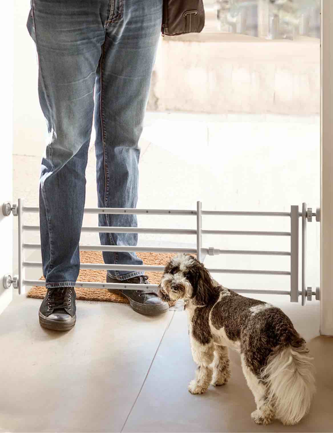 Short Dog Gate with Door, 29-46" Wide Small Dog Gate, Pressure Mounted Metal Pet Gate for Small Dogs Puppy, Easily Step Over Indoor Puppy Gates for Doorways and Stairs, White
