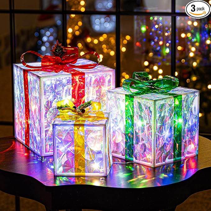 Set of 3 Christmas Lighted Gift Boxes,8 Light Modes Light Up Present Boxes Christmas Decorations for Indoor Outdoor Porch Yard Tree Holiday Decor