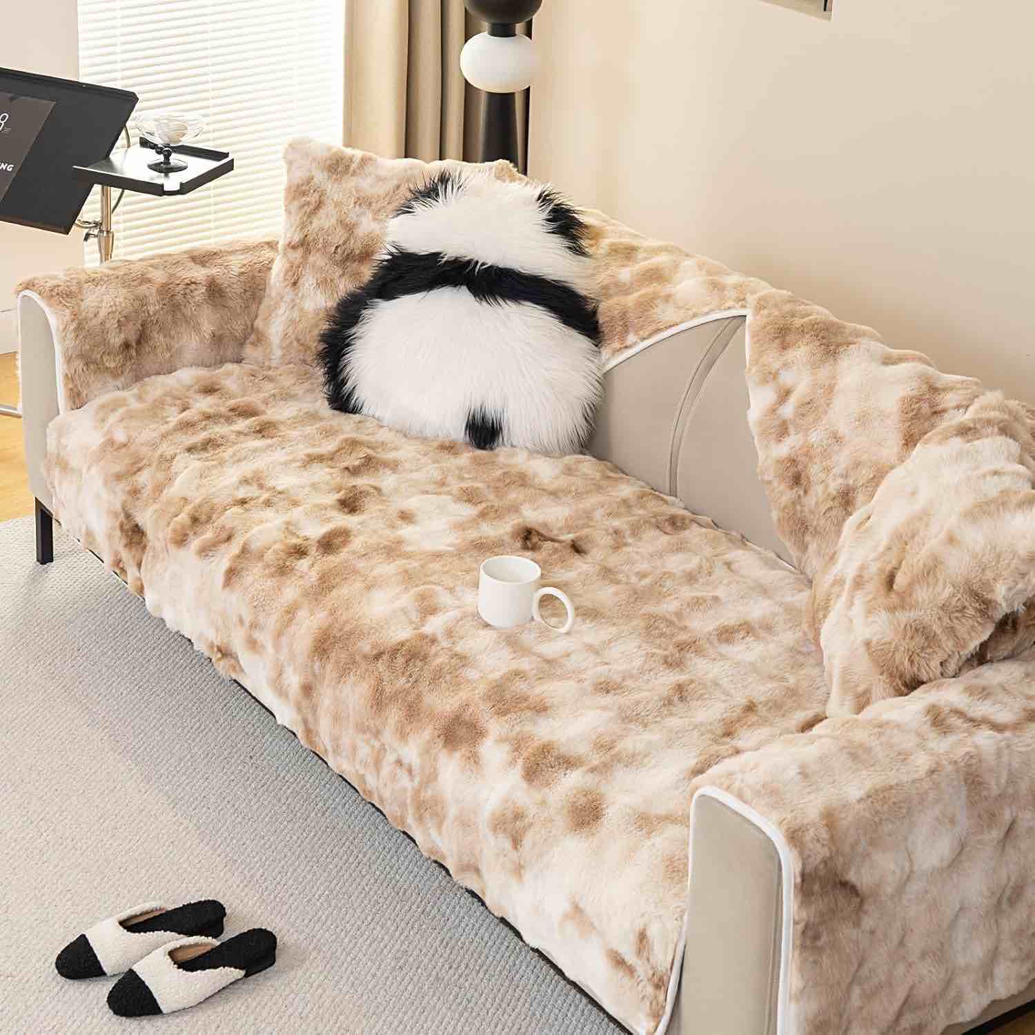 Gradient Faux Fur Couch Cover,Rabbit Plush Couch Cover,Non-Slip Sofa Cover Furniture Protector, Suitable for Bedroom Carpets, Foot mats (Haze Blue, 36"x82"/4-Seater Sofa Cover) 36"x82"/4-seater Sofa Cover light coffee