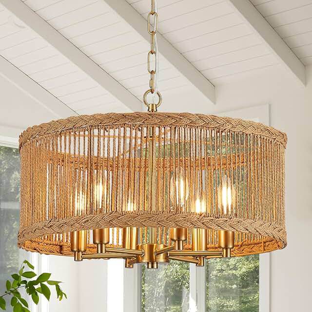 20" Rattan Chandelier 6-Light Vintage Farmhouse Hand-Woven Boho Hanging Round Light Fixtures Modern Drum Wicker Rattan Gold Chandelier for Dining Room, Bedroom, Kitchen Island, Living Room