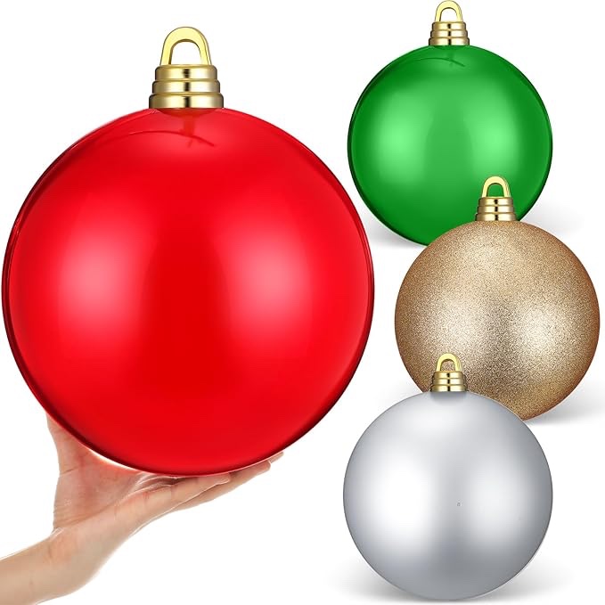 *pink*Shappy 4 Pcs 10 Inch Large Christmas Ball Ornaments Hanging Tree Ornament Balls Decorations Vintage Commercial Plastic Ball Ornament with Hanging Loop Large Christmas Decoration 