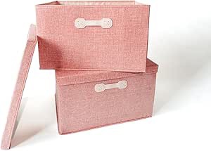 *pink*Large Fabric Storage Boxes, 2-pack, with Lids; 18-inch; Collapsible; Heavy Duty; Gray, Beige, Pink, Teal; Decorative Bin; for Closets, Toys, Blankets, Linens, Towels, Clothing