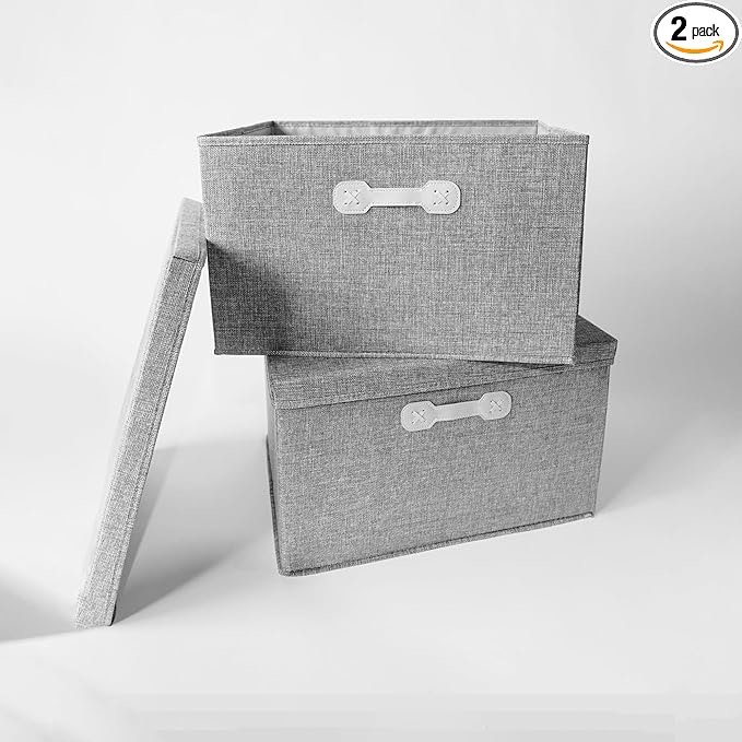 *grey*Large Fabric Storage Boxes, 2-pack, with Lids; 18-inch; Collapsible; Heavy Duty; Gray, Beige, Pink, Teal; Decorative Bin; for Closets, Toys, Blankets, Linens, Towels, Clothing