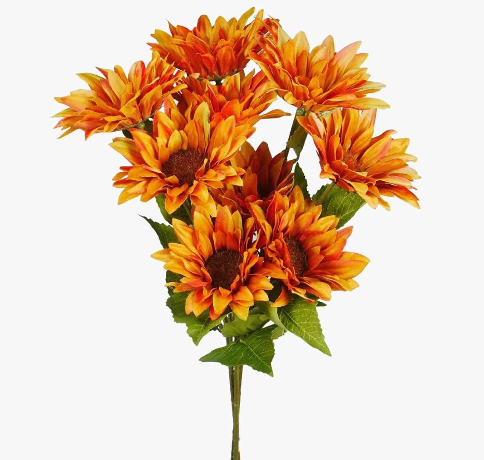 3pcs Sunflowers Artificial Flowers with 3 Large Sunflower Heads and Long Stems for Indoor Outdoor DIY Wedding Bouquets Baby Shower Centerpieces Floral Arrangements Party Tables Home Office Decorations Deep Orange