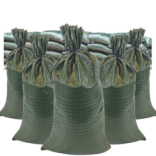 DURASACK Heavy Duty Sand Bags with Tie Strings Empty Woven Polypropylene Sand-Bags for Flood Control with 1600 Hours of UV Protection, 50 lbs Capacity, 14x26 inches, Green, Pack of 100
