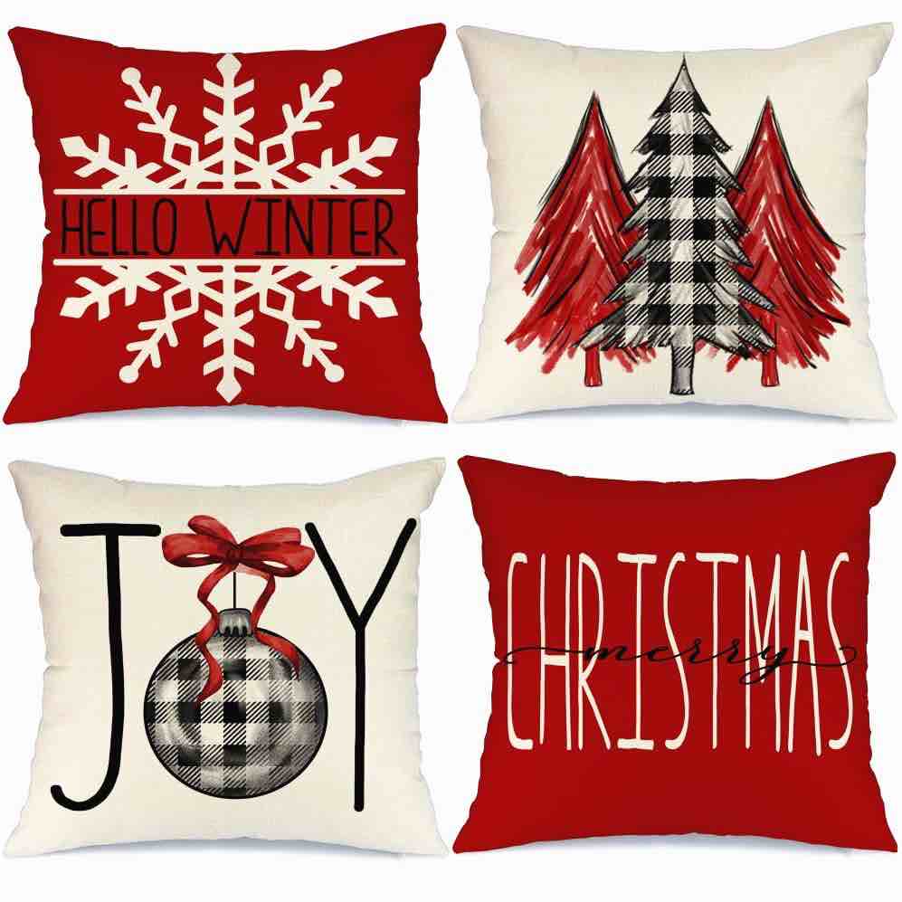 Christmas Outdoor Pillow Covers, 18 x 18 inch Set of 4 Waterproof Throw Pillow Cases, New Year Cushion Decor for Home Outside Patio Front Porch House Farmhouse 2024(Style C)