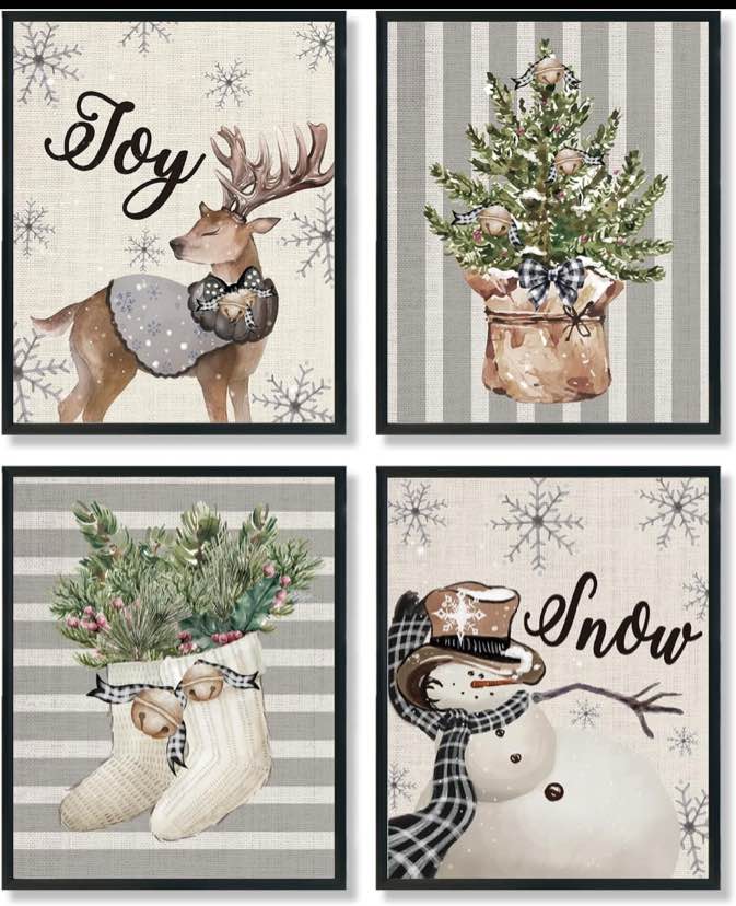 ULEGIE Vintage Rustic Christmas Reindeer Snowman Stockings Wall Prints Set of 4, Christmas Wall Decor, Christmas Posters Wall Art Decor for Living Room Bedroom, 8x10 Inches Unframed