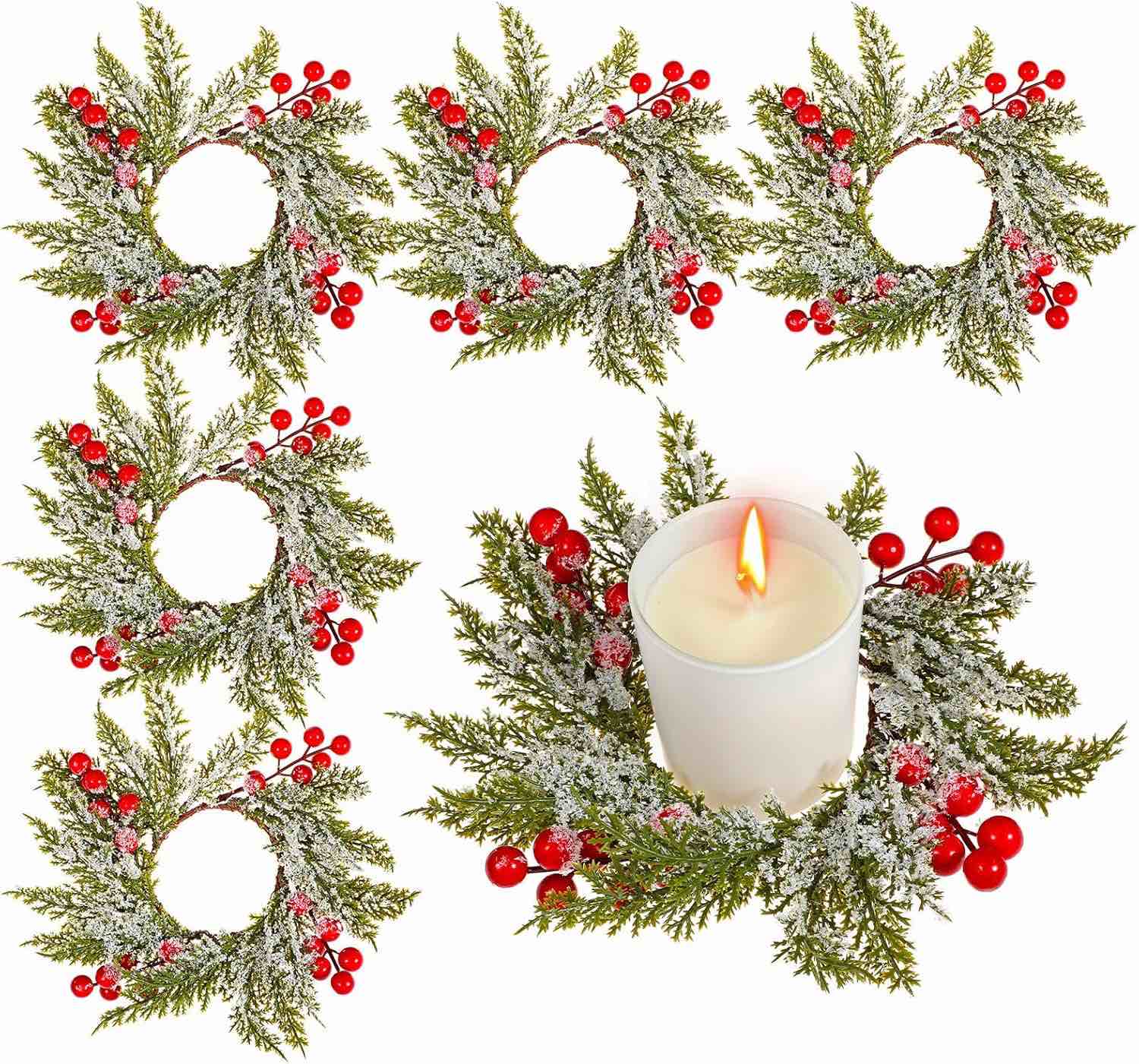“SIMILAR TO STOCK PHOTO “4Pack Artificial realistic look cedar wreath red pine  candle ring mini Christmas statues nativity candle holders windows centerpieces decorations 