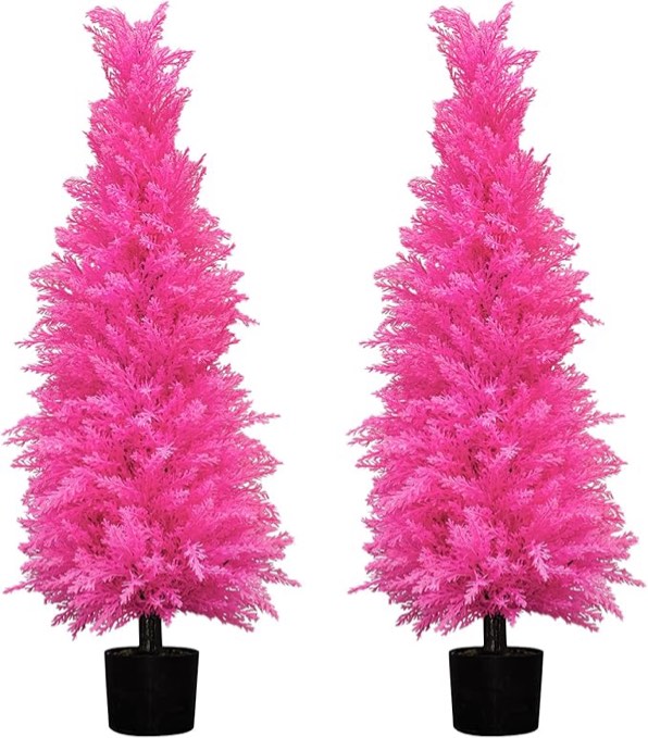 *Pink*Spring Easter Home Decor Cedar Trees Pink Outdoor Set of 2 Artificial Cypress Topiary 4FT – Faux Bushes Shrubs Potted UV-Resistant Fake Pine Plants for Front Porch