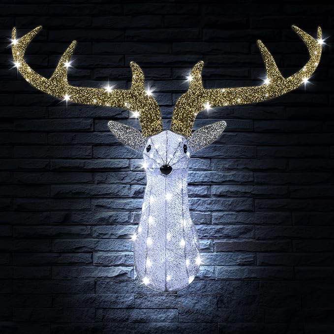 senneny lighted christmas reindeer head decorations plug in, hanging deer wall decor prelit 100 lights 8 flashing effects and timer, light up stag head for outdoor roof, walls, door, window (48 inch)