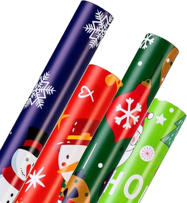 Cherubfunz Christmas Wrapping Paper for Gift (4 Rolls: 148 sq. ft. ttl) Funny Santa Claus Snowflakes Snowman Christmas Pine Trees- Christmas Elements Collection - 30 inches x 14.8 feet Per Roll