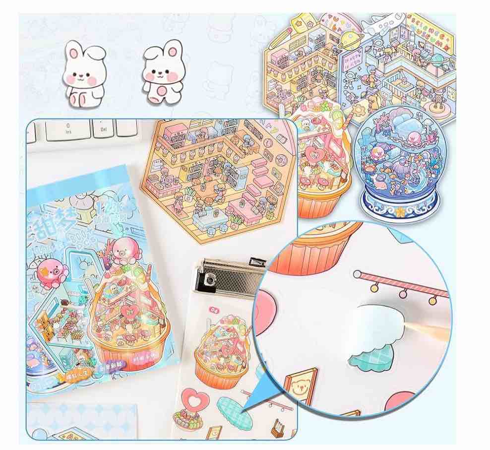 3D Stickers Scene, 12 Sets DIY 3D Scene Sticker Collection Book for Adults Girls, Cute 3D Cartoon Sticker Therapy Activity for Stress Relief, Crafts & Gifts