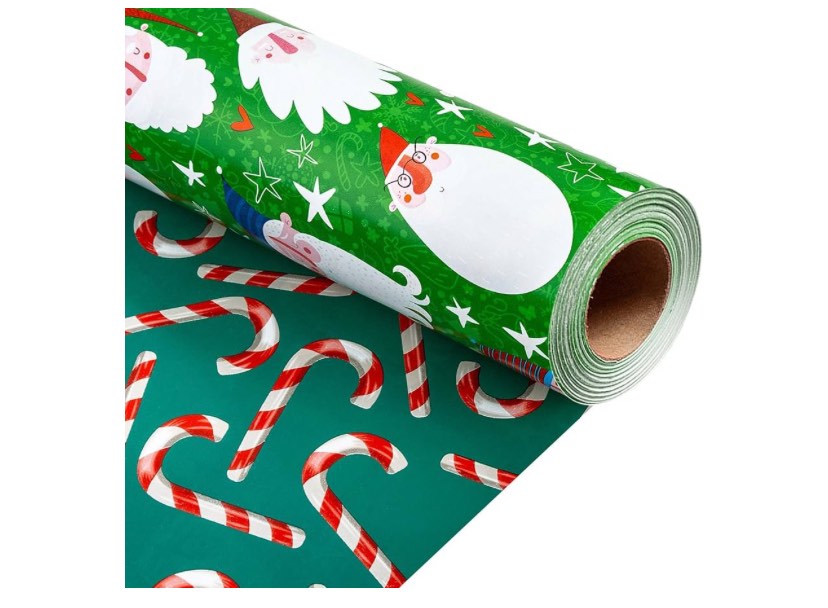 Flyhill Christmas Wrapping Paper Roll-17 Inch X 33 Feet - Metallic Gold Foil with Green Santa Claus,Red Heart,Candy Cane Gift Wrap Suitable for Chrsitmas, Holiday, Party,Celebration
