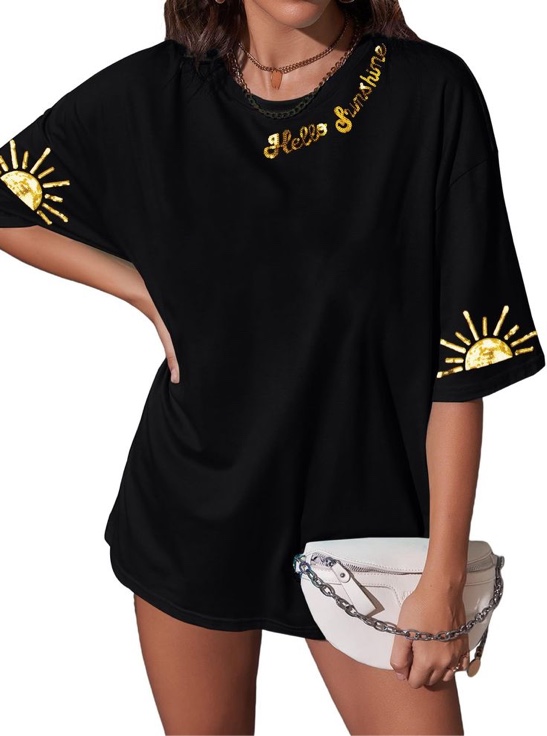 (Large) MNLYBABY Hello Sunshine Shirt Women Summer Sequin Oversized Tshirt Glitter Sunshine Vacation Tee Tops
