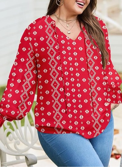 Eytino Plus Size Tops for Women Boho Floral Print V Neck Long Shirts (3X)