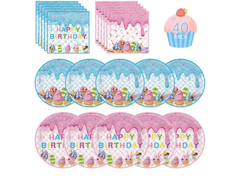 ice cream party decorations sets-40 pcs happy birthday icecream paper plates and napkins, blue pink disposable tableware for kids girls boys baby shower ice cream frozen summer birthday party supplies