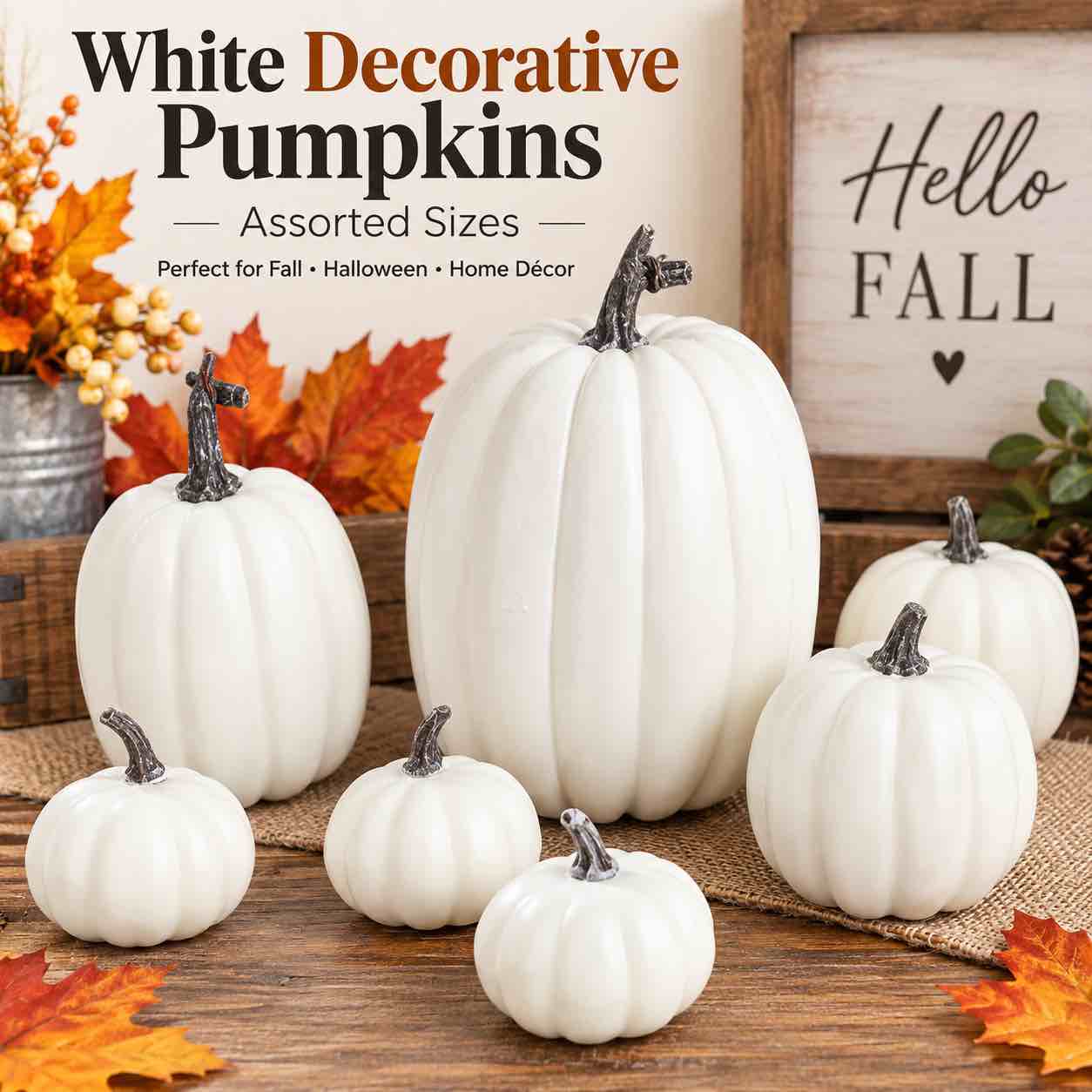 7pc White Decorative Pumpkins, Assorted Sizes, Fall & Halloween Décor