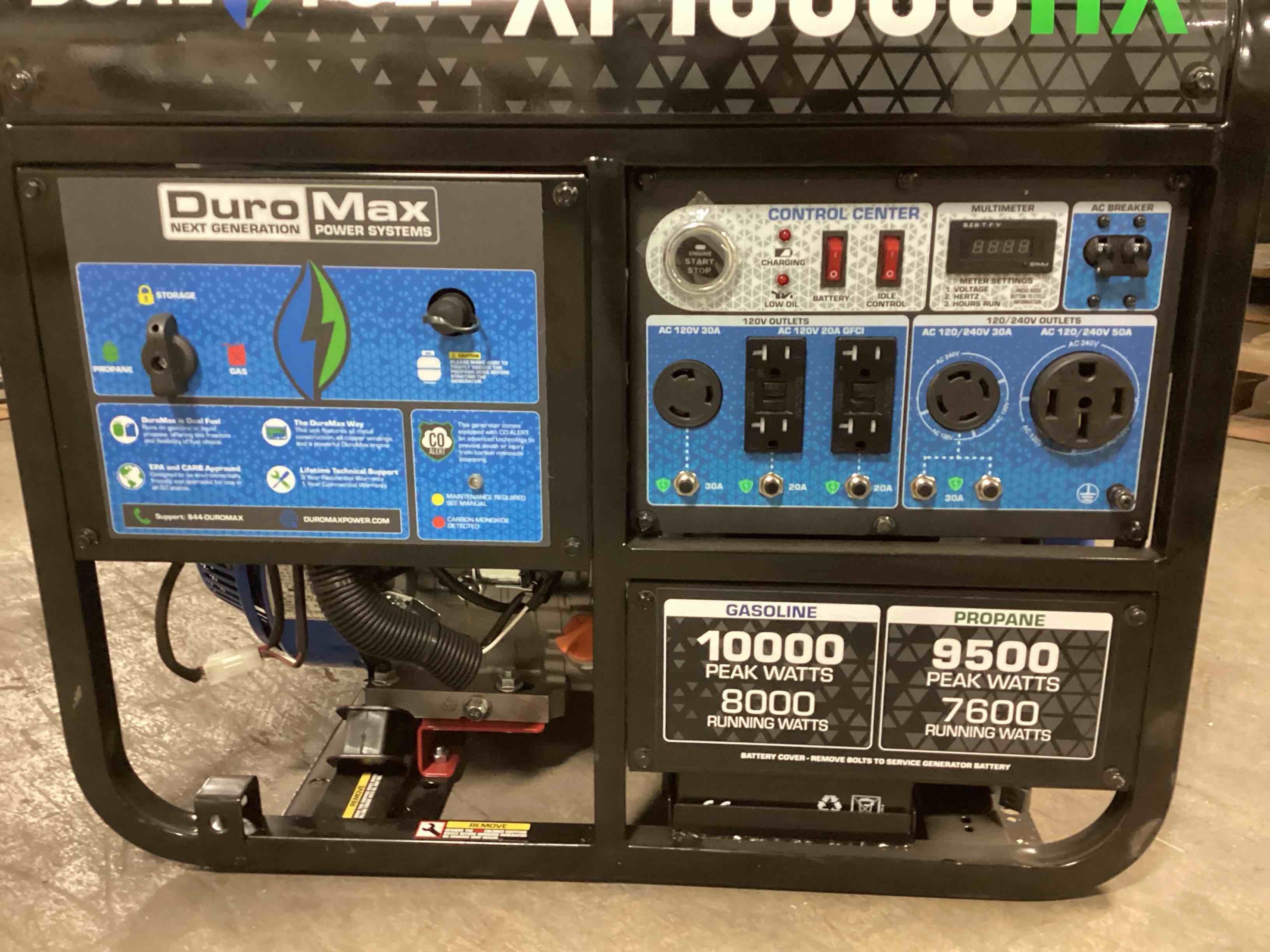 Condition photo showing As Is for DuroMax 10000/8000-Watt Dual Fuel Electric Start Gasoline/Propane Portable Home Power Back Up Generator with CO Alert Shutdown