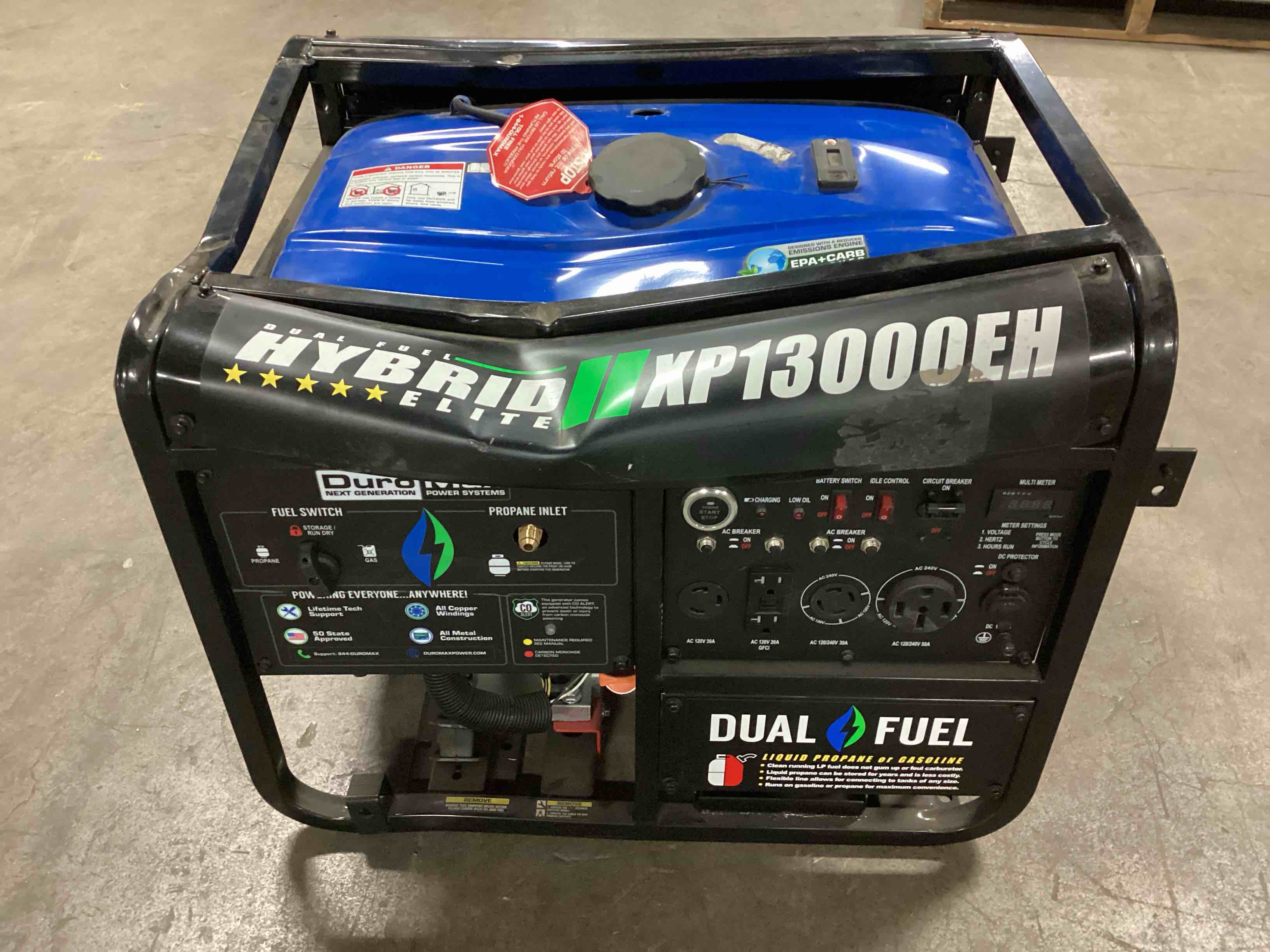 duromax xp13000eh 13,000-watt dual fuel portable generator - gas & propane, electric start, whole home backup power, transfer switch ready, rv & emergency ready
