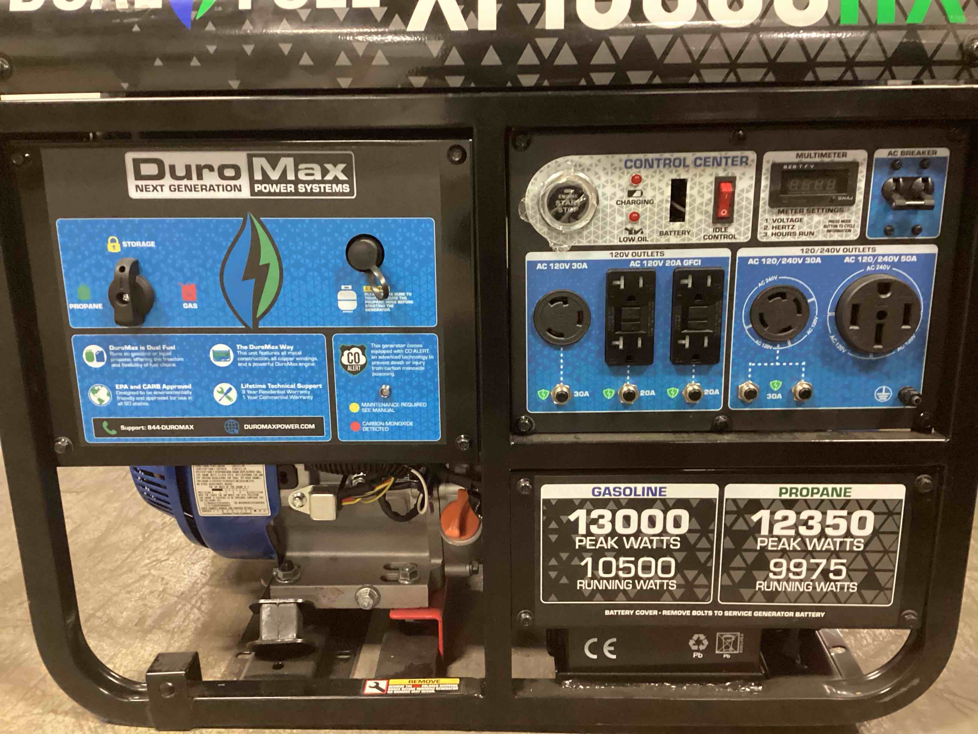 Condition photo showing As Is for DuroMax 13,000 Watt Dual Fuel Portable HX Generator With CO Alert