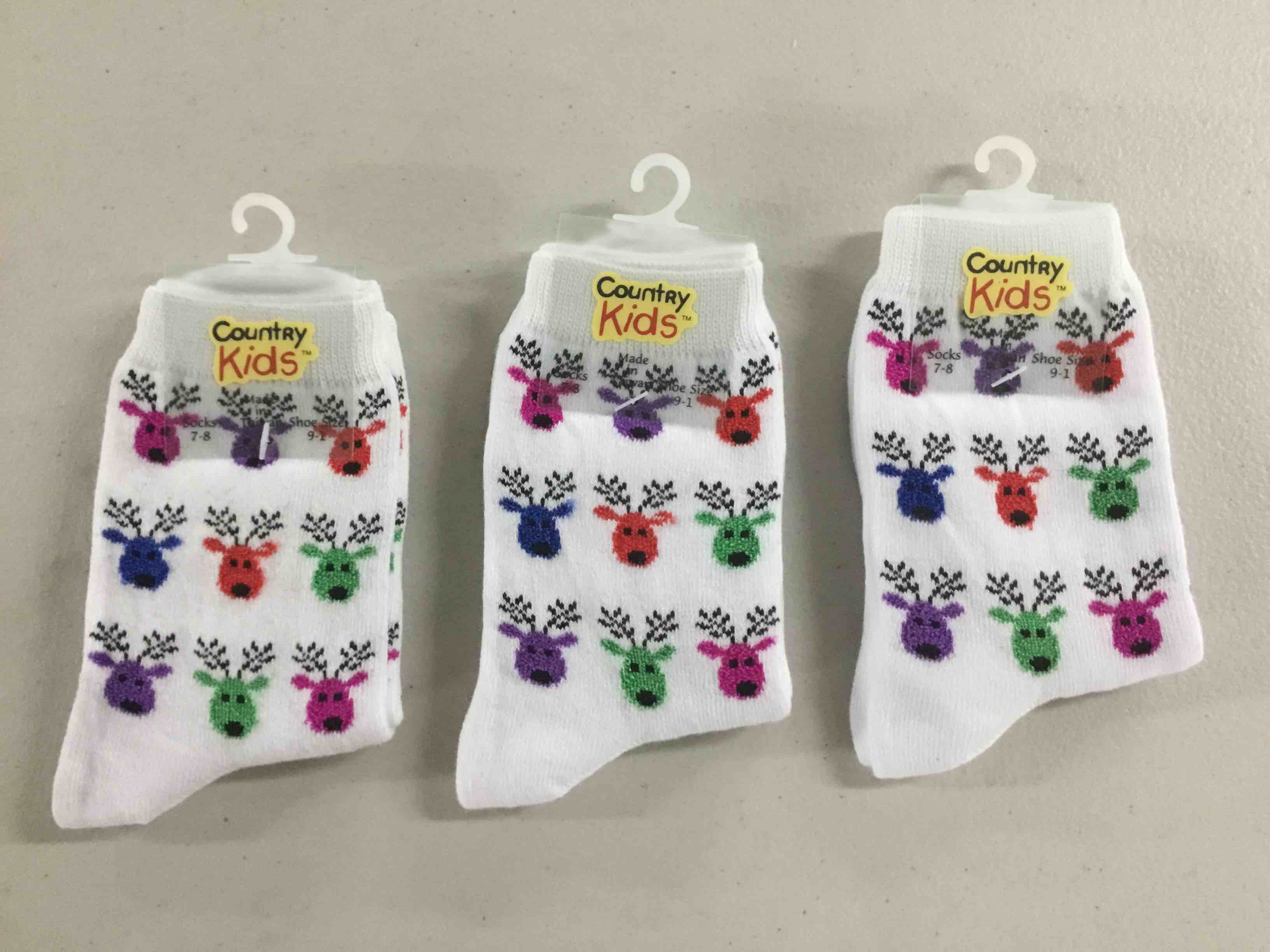 Size 1-2 Years Country Kids Cotton Reindeer Socks , White/Colorful Reindeer.