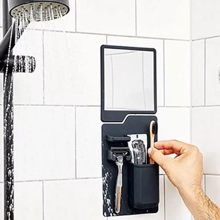 Waterproof Silicone Bathroom Organizer Caddy with Mirror Color-Black