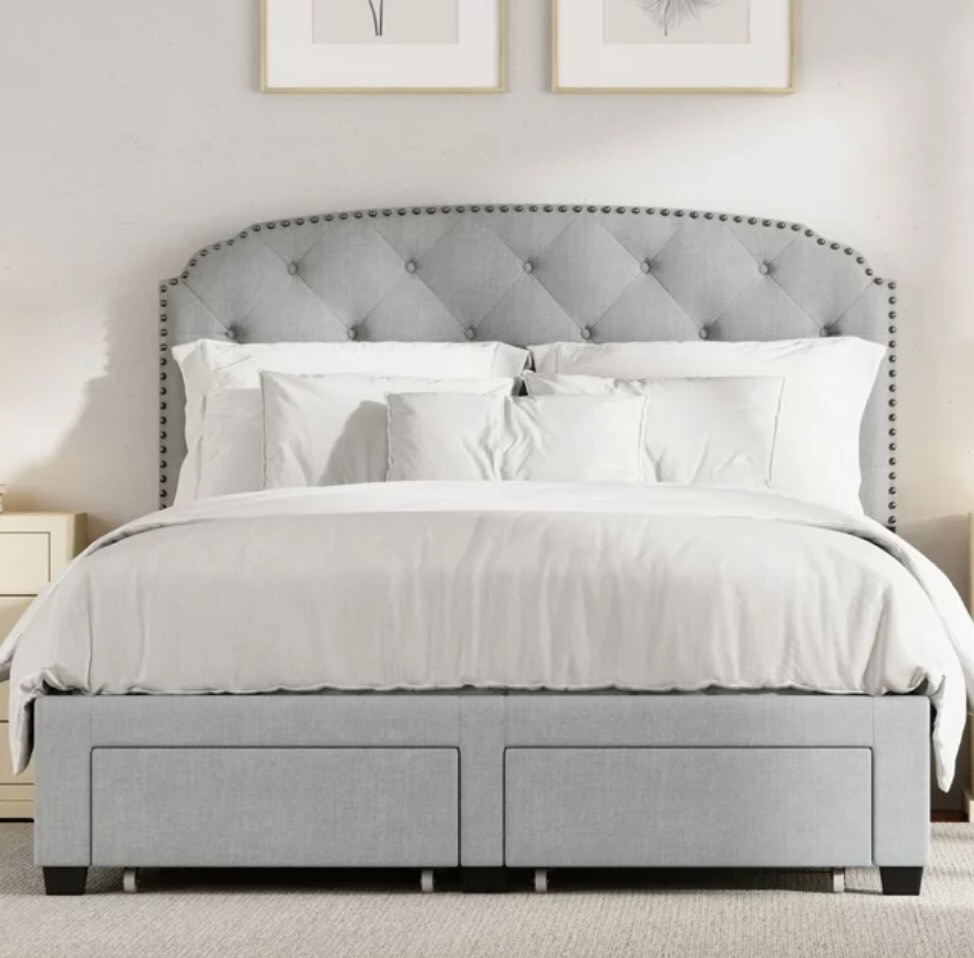 DG Casa Argo Tufted Upholstered Panel Bed Frame with Storage Drawers and Nailhead Trim Headboard Eastern king *incomplete,box 1/3 only* 