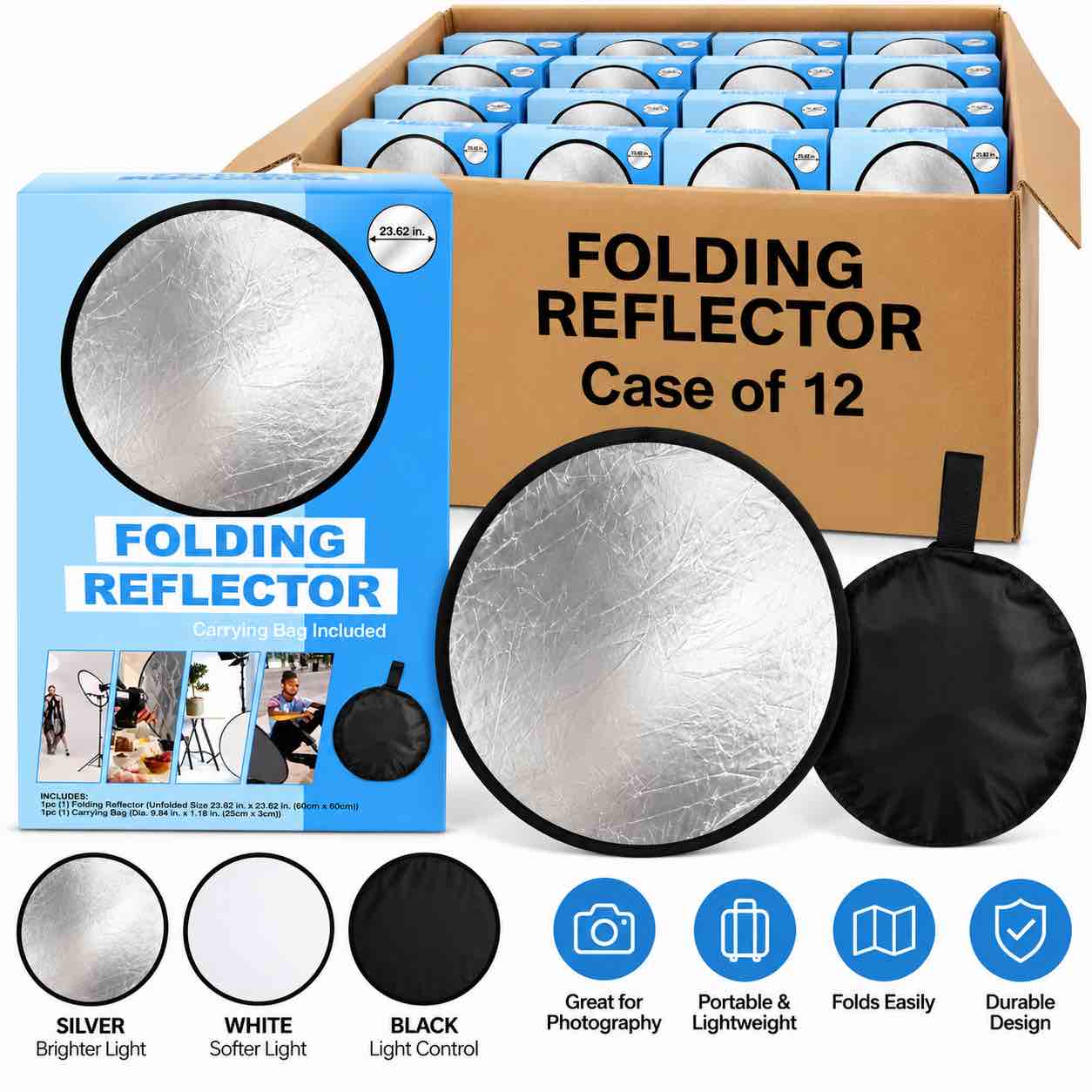 Case of 12 Folding Reflector with Carrying Bag, Portable Photography & Studio Light Reflector