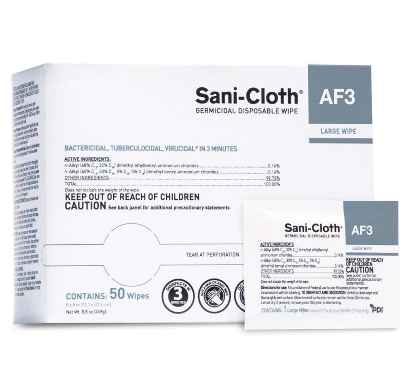 Sani-Cloth AF3 Wipes, Large Individual Packets, 5" x 8", Fragnance free, White Pack of 50 